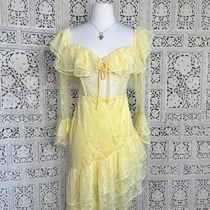 Revolve‎ NWT Majorelle Magdalena Yellow Lace Ruffle Asymmetrical Dress Sz Medium